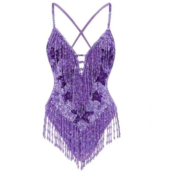 Easy Tiger Stargazer Bodysuit S NEW Lilac Purple Sequin Beaded Festival Concert